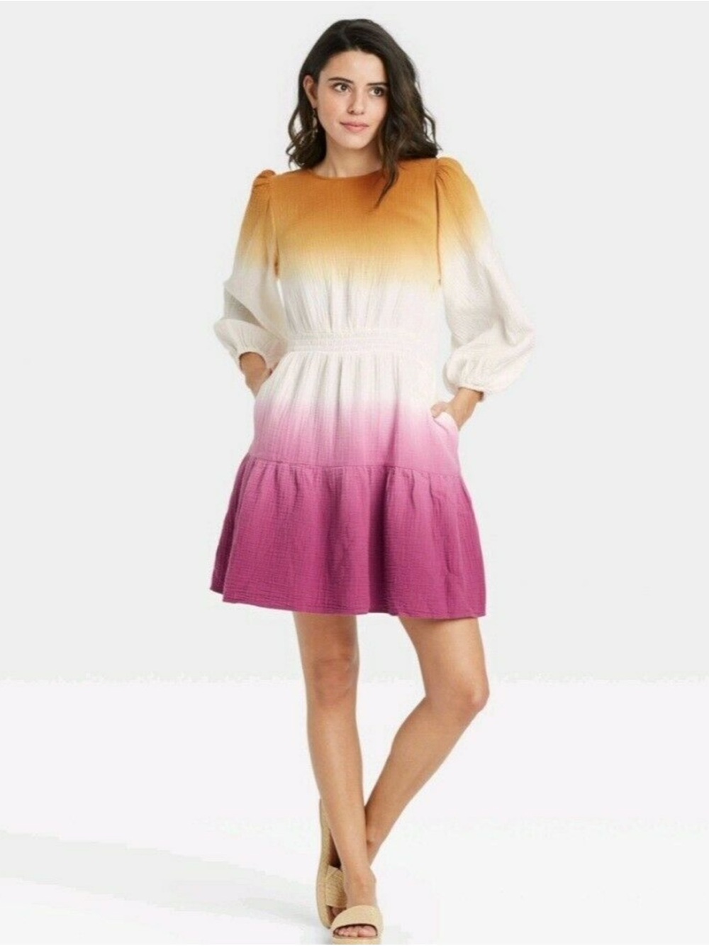 Universal Thread Ombre Mustard, Cream & Pink Tiered Mini Dress